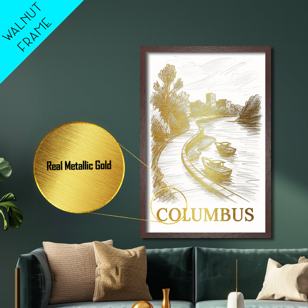 Columbus Ohio travel, Metallic Gold Print, Modern Skyline Wall Print, Metal Art, Wood Framed Art, Adventure Lover Gift, Travel Gift
