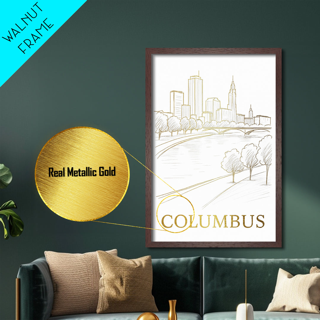 Columbus Ohio art, Metallic Gold Art, Housewarming Gift, Metal Art, Wood Framed Art, Newlywed Travel Gift, Honeymoon Gift