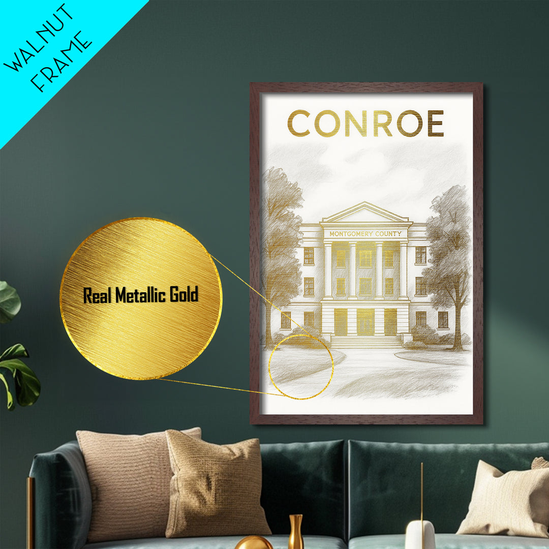 Conroe Texas travel, Metallic Gold Print, Modern House Art, Metal Art, Wood Framed Art, Wanderlust Gift, Travel Art Prints