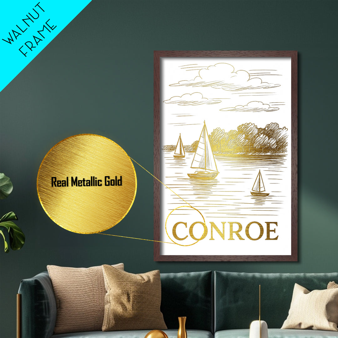 Conroe Texas art, Metallic Gold Art, Travel Art Prints, Metal Art, Wood Framed Art, Adventure Lover Gift, Traveler Gift