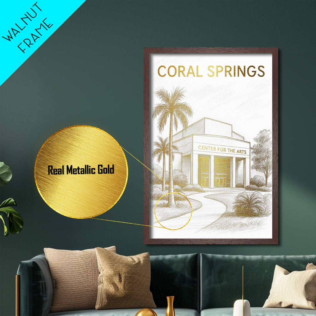 Coral Springs Florida travel, Metallic Gold Print, Modern House Art, Metal Art, Wood Framed Art, Wanderlust Gift, Travel Art Prints