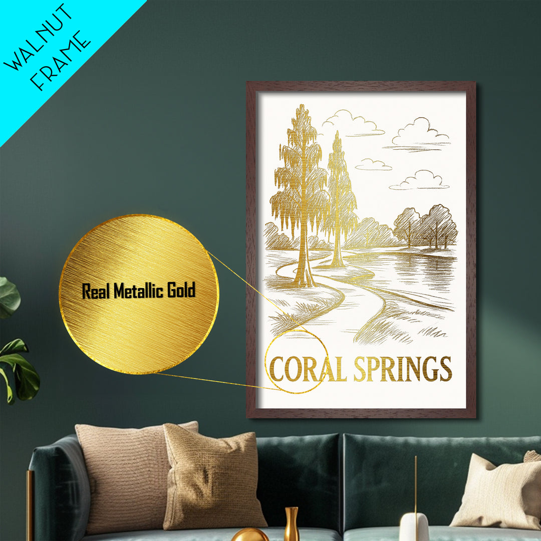 Coral Springs Florida art, Metallic Gold Art, Travel Art Prints, Metal Art, Wood Framed Art, Adventure Lover Gift, Traveler Gift