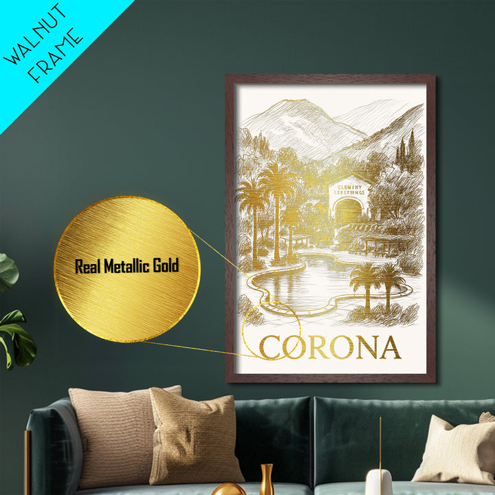 Corona California art, Metallic Gold Art, Modern House Art, Metal Art, Wood Framed Art, Graduation Travel Gift, Travel Gift