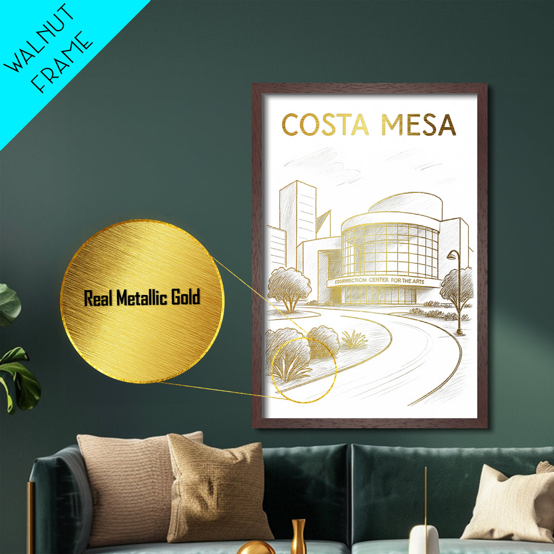 Costa Mesa California travel, Metallic Gold Print, Modern Skyline Wall Print, Metal Art, Wood Framed Art, Adventure Lover Gift, Travel Gift