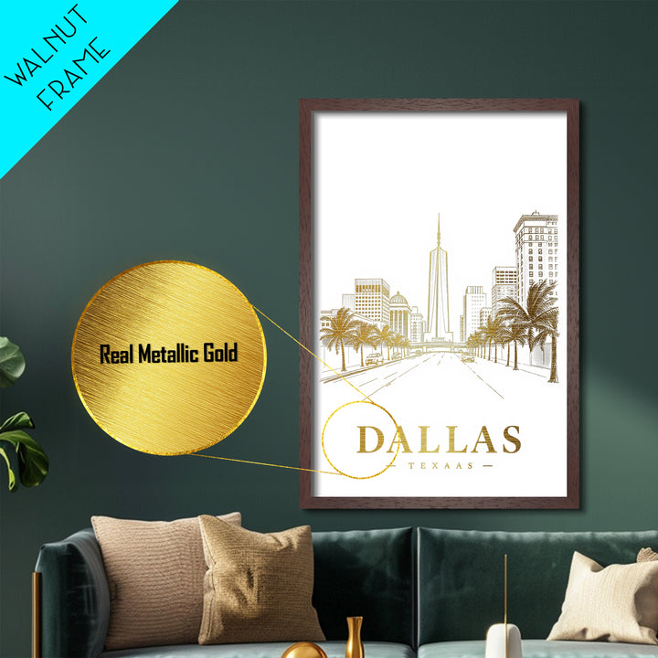 Dallas Texas travel, Metallic Gold Print, Closing Gift, Metal Art, Wood Framed Art, Anniversary Travel Gift, Retirement Travel Gift