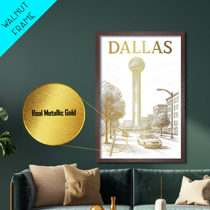 Dallas Texas travel, Metallic Gold Print, Modern House Art, Metal Art, Wood Framed Art, Traveler Gift, Destination Gift
