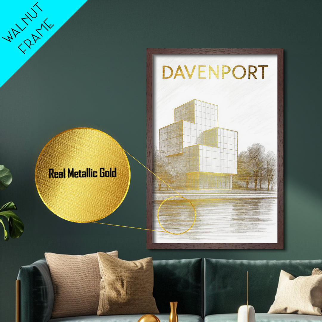 Davenport Iowa travel, Metallic Gold Print, Modern House Art, Metal Art, Wood Framed Art, Traveler Gift, Destination Gift