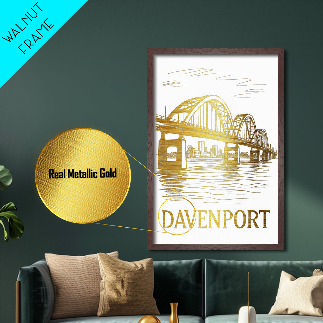Davenport Iowa art, Metallic Gold Art, Modern House Art, Metal Art, Wood Framed Art, Graduation Travel Gift, Travel Gift