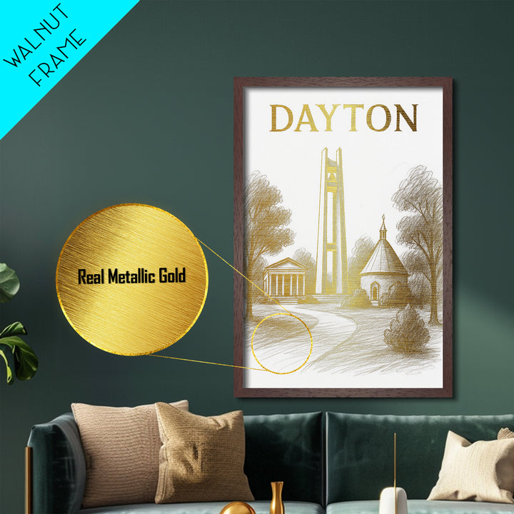 Dayton Ohio travel, Metallic Gold Print, College Dorm Décor, Metal Art, Wood Framed Art, Graduation Travel Gift, Traveler Gift