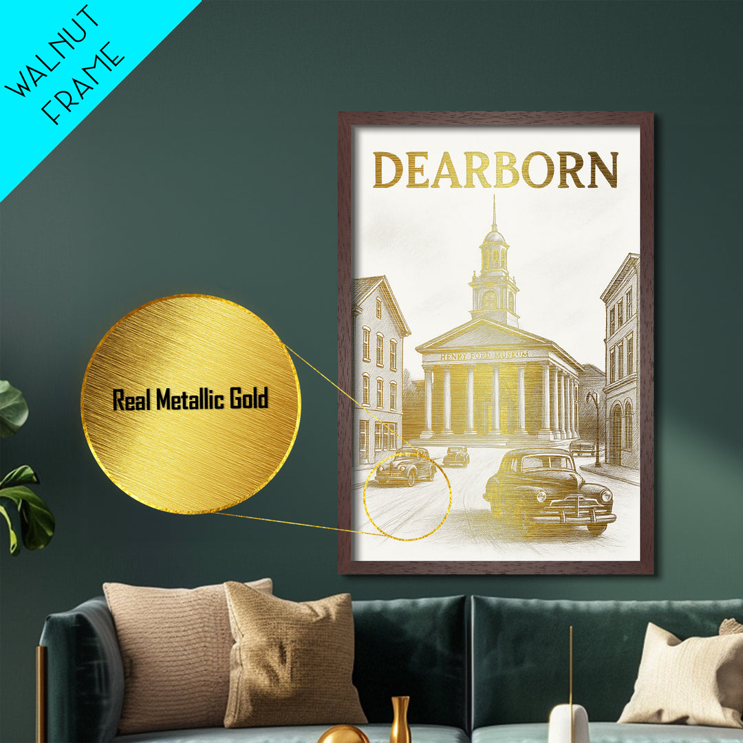 Dearborn Michigan travel, Metallic Gold Print, Modern House Art, Metal Art, Wood Framed Art, Traveler Gift, Destination Gift