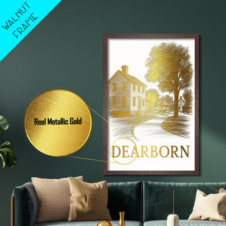 Dearborn Michigan art, Metallic Gold Art, Modern House Art, Metal Art, Wood Framed Art, Graduation Travel Gift, Travel Gift