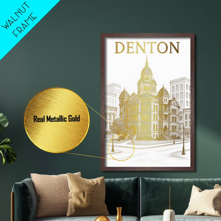 Denton Texas travel, Metallic Gold Print, College Dorm Décor, Metal Art, Wood Framed Art, Graduation Travel Gift, Traveler Gift