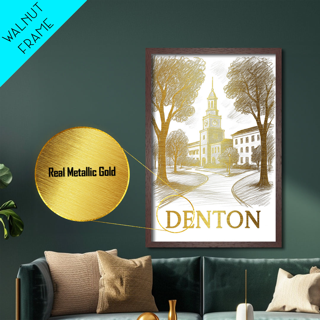 Denton Texas art, Metallic Gold Art, Best Friend Gifts, Metal Art, Wood Framed Art, Birthday Travel Gift, Destination Gift