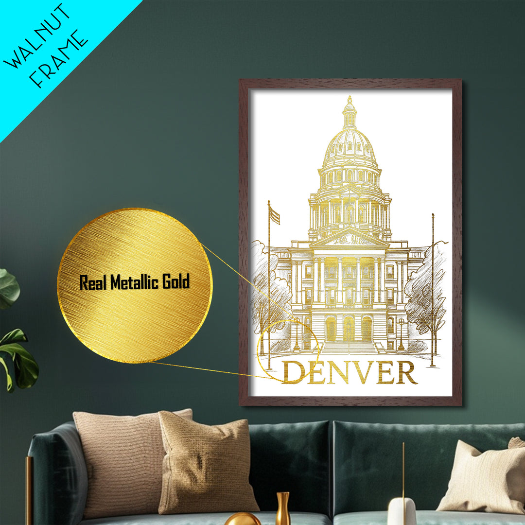 Denver Colorado art, Metallic Gold Art, Housewarming Gift, Metal Art, Wood Framed Art, Newlywed Travel Gift, Honeymoon Gift