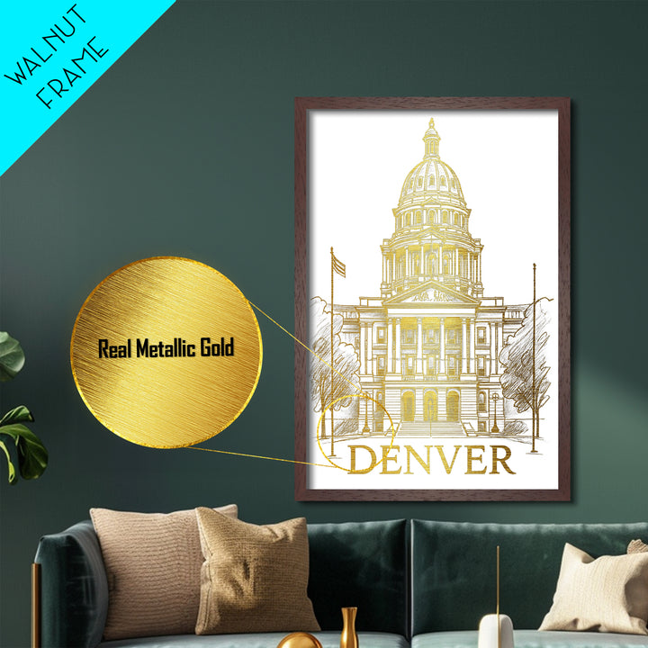 Denver Colorado art, Metallic Gold Art, Housewarming Gift, Metal Art, Wood Framed Art, Newlywed Travel Gift, Honeymoon Gift