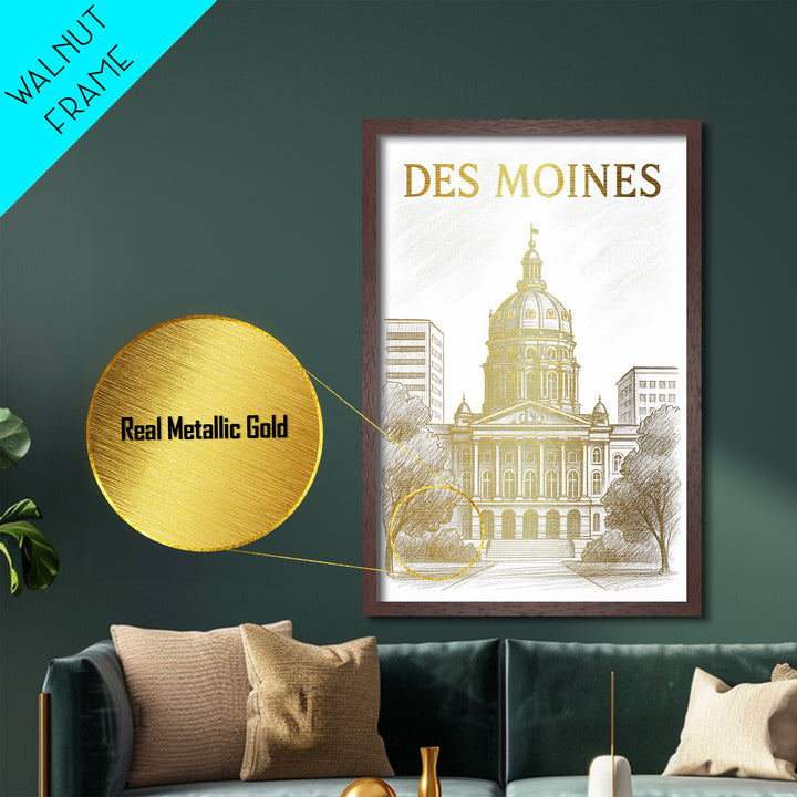 Des Moines Iowa travel, Metallic Gold Print, Closing Gift, Metal Art, Wood Framed Art, Anniversary Travel Gift, Retirement Travel Gift
