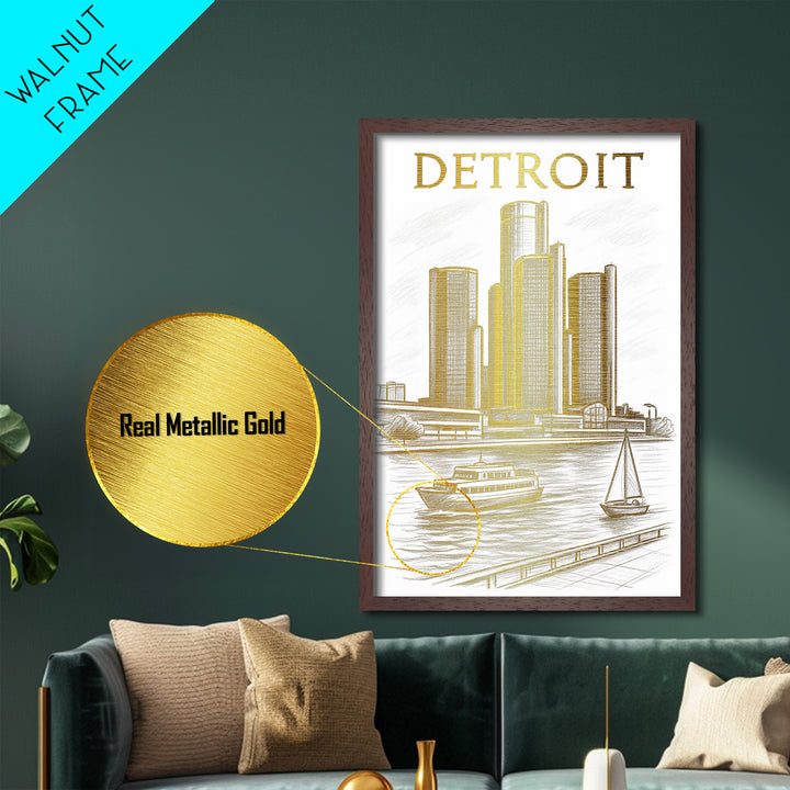 Detroit Michigan travel, Metallic Gold Print, Modern House Art, Metal Art, Wood Framed Art, Wanderlust Gift, Travel Art Prints