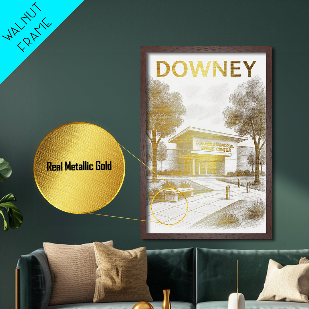 Downey California travel, Metallic Gold Print, Modern House Art, Metal Art, Wood Framed Art, Traveler Gift, Destination Gift