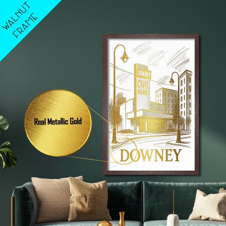 Downey California art, Metallic Gold Art, Modern House Art, Metal Art, Wood Framed Art, Graduation Travel Gift, Travel Gift