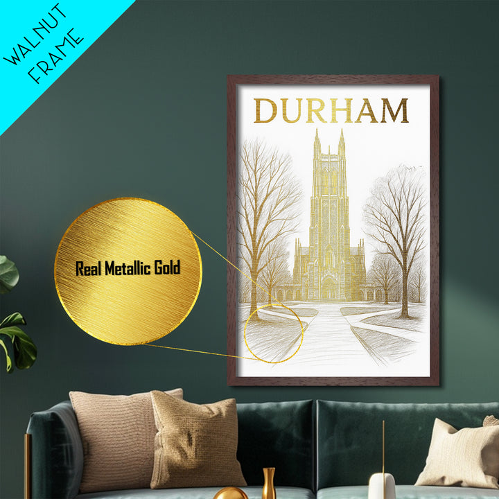 Durham North Carolina travel, Metallic Gold Print, College Dorm Décor, Metal Art, Wood Framed Art, Graduation Travel Gift, Traveler Gift