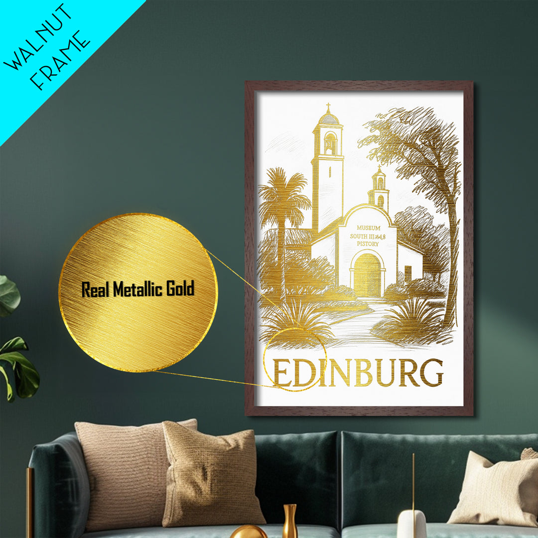 Edinburg Texas art, Metallic Gold Art, Housewarming Gift, Metal Art, Wood Framed Art, Newlywed Travel Gift, Honeymoon Gift