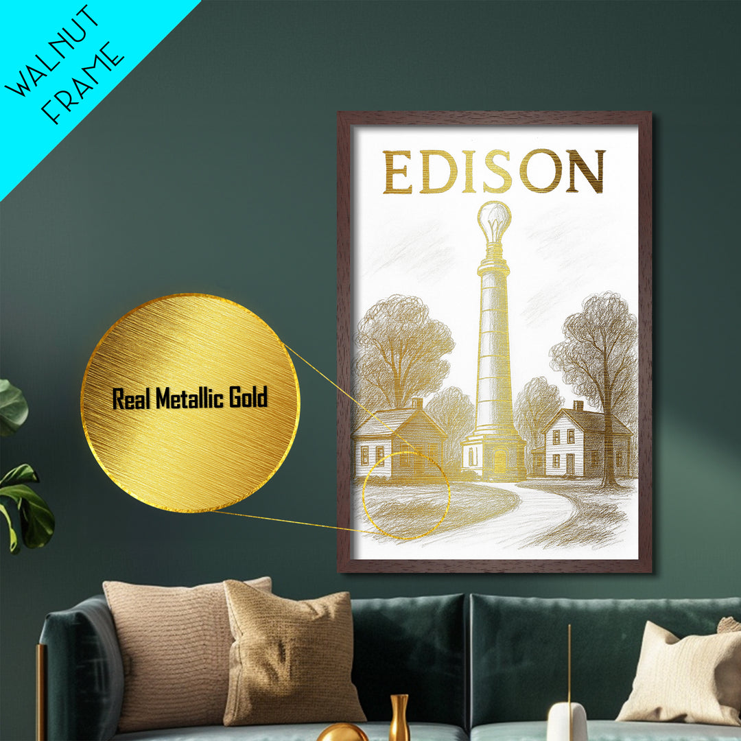 Edison New Jersey travel, Metallic Gold Print, Closing Gift, Metal Art, Wood Framed Art, Anniversary Travel Gift, Retirement Travel Gift