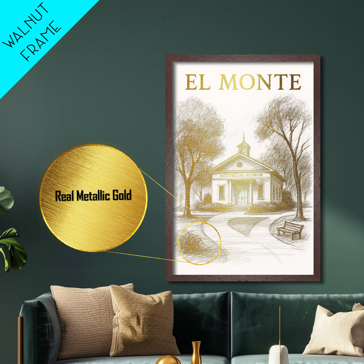 El Monte California travel, Metallic Gold Print, Closing Gift, Metal Art, Wood Framed Art, Anniversary Travel Gift, Retirement Travel Gift