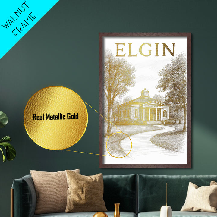 Elgin Illinois travel, Metallic Gold Print, Modern House Art, Metal Art, Wood Framed Art, Traveler Gift, Destination Gift