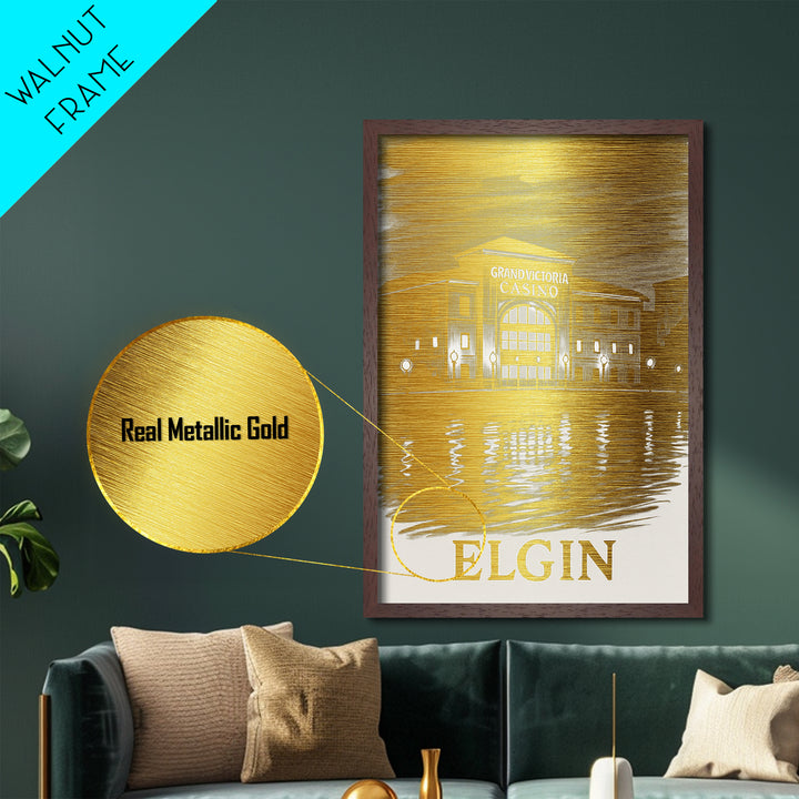Elgin Illinois art, Metallic Gold Art, Modern House Art, Metal Art, Wood Framed Art, Graduation Travel Gift, Travel Gift