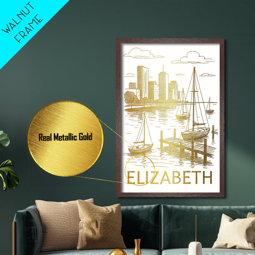 Elizabeth New Jersey art, Metallic Gold Art, Best Friend Gifts, Metal Art, Wood Framed Art, Birthday Travel Gift, Destination Gift