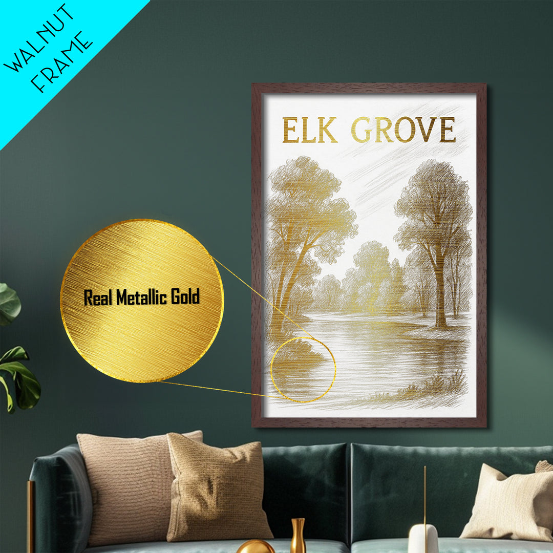 Elk Grove California travel, Metallic Gold Print, Modern Skyline Wall Print, Metal Art, Wood Framed Art, Adventure Lover Gift, Travel Gift