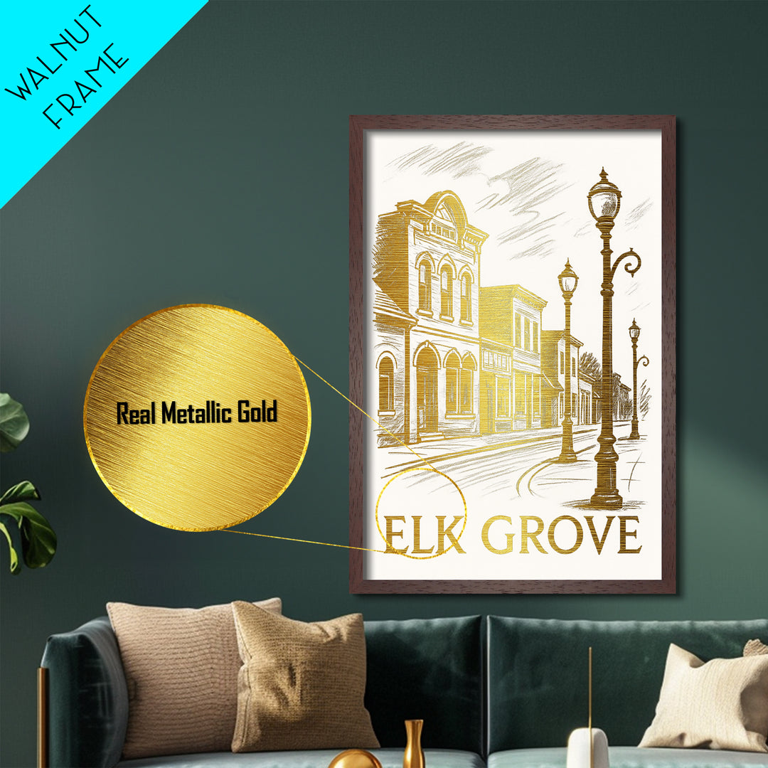 Elk Grove California art, Metallic Gold Art, Housewarming Gift, Metal Art, Wood Framed Art, Newlywed Travel Gift, Honeymoon Gift
