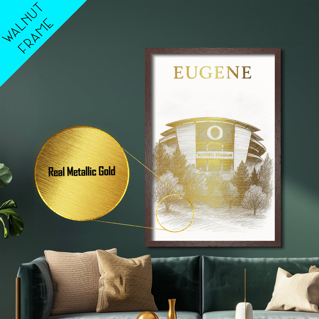Eugene Oregon travel, Metallic Gold Print, College Dorm Décor, Metal Art, Wood Framed Art, Graduation Travel Gift, Traveler Gift