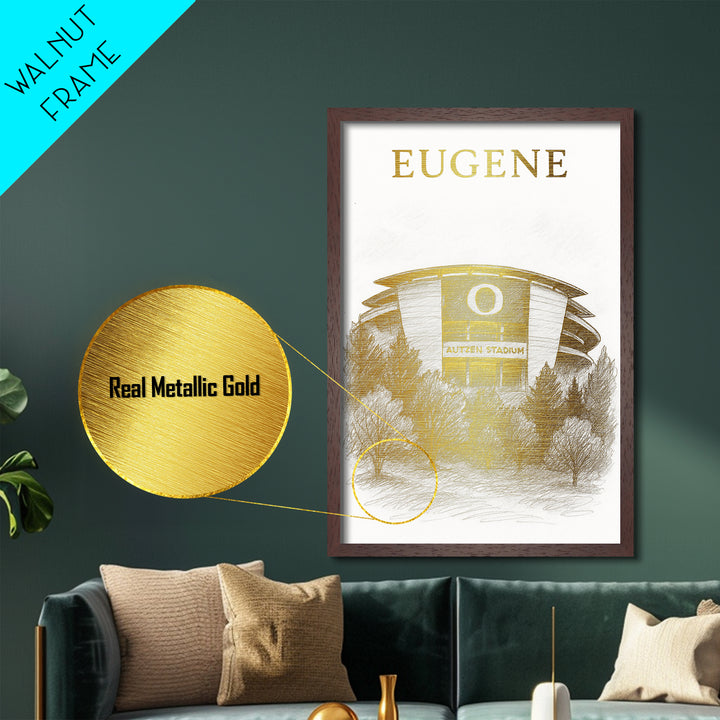 Eugene Oregon travel, Metallic Gold Print, College Dorm Décor, Metal Art, Wood Framed Art, Graduation Travel Gift, Traveler Gift
