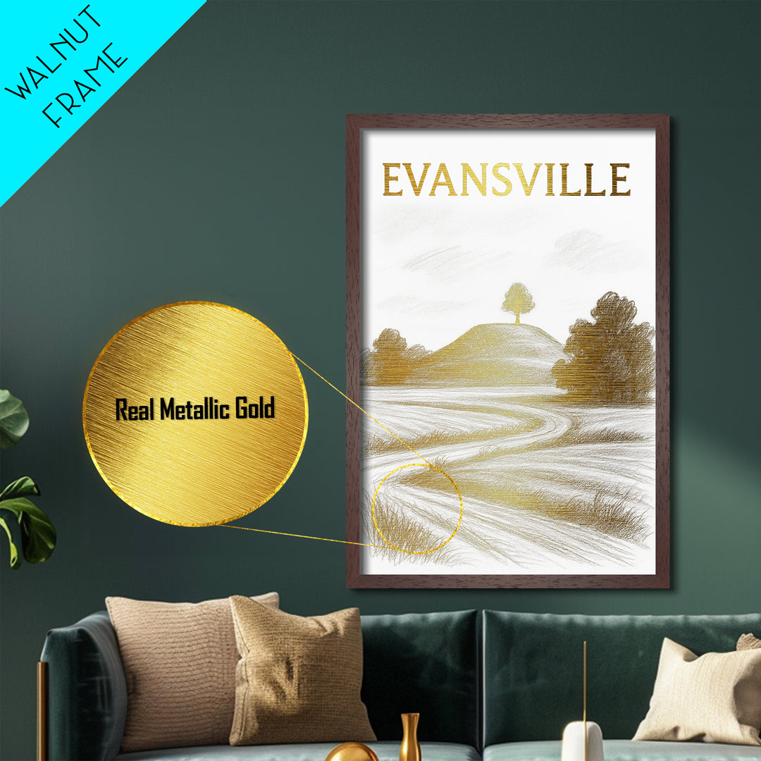 Evansville Indiana travel, Metallic Gold Print, Modern Skyline Wall Print, Metal Art, Wood Framed Art, Adventure Lover Gift, Travel Gift