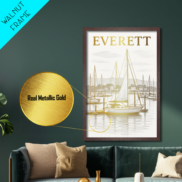 Everett Washington travel, Metallic Gold Print, Closing Gift, Metal Art, Wood Framed Art, Anniversary Travel Gift, Retirement Travel Gift
