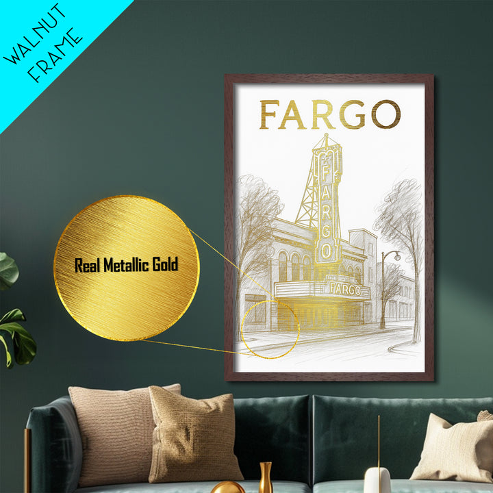 Fargo North Dakota travel, Metallic Gold Print, College Dorm Décor, Metal Art, Wood Framed Art, Graduation Travel Gift, Traveler Gift