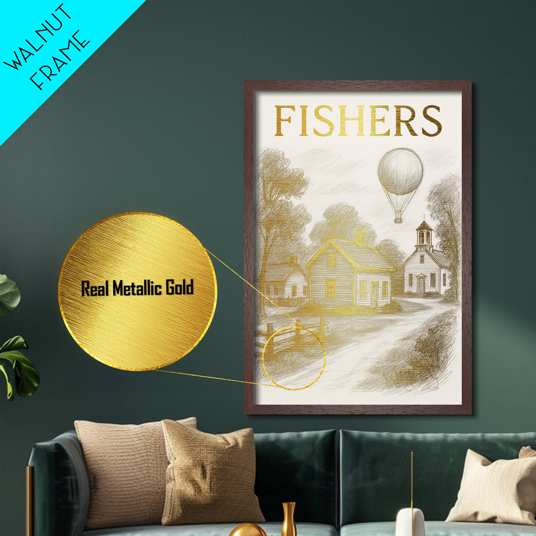 Fishers Indiana travel, Metallic Gold Print, Closing Gift, Metal Art, Wood Framed Art, Anniversary Travel Gift, Retirement Travel Gift
