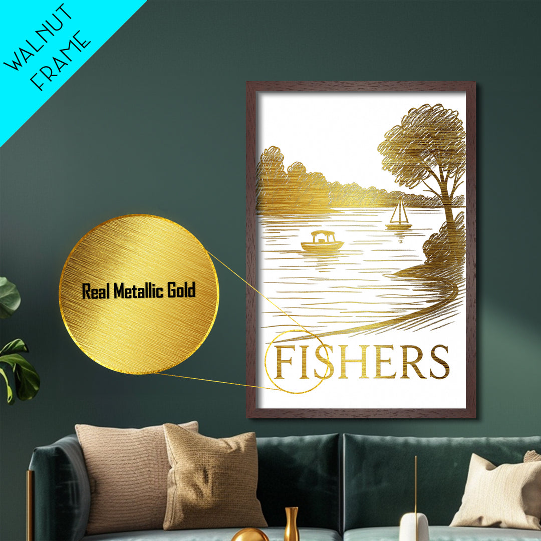 Fishers Indiana art, Metallic Gold Art, Office Decor, Metal Art, Wood Framed Art, Graduation Travel Gift, Destination Gift