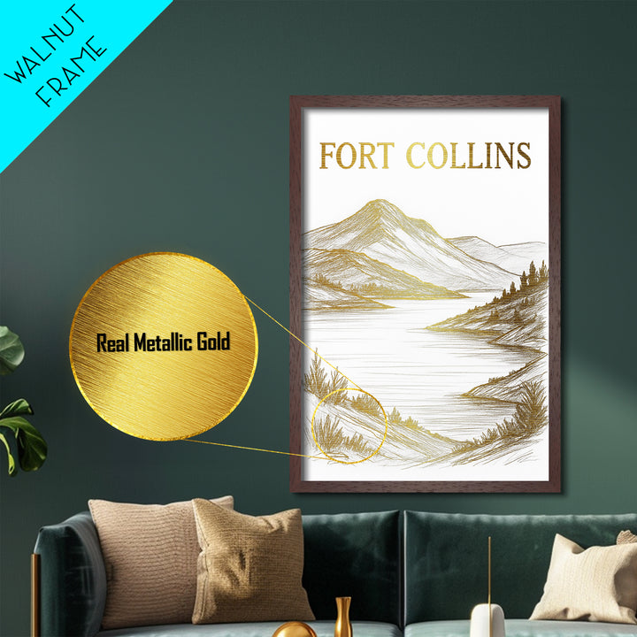 Fort Collins Colorado travel, Metallic Gold Print, Modern House Art, Metal Art, Wood Framed Art, Traveler Gift, Destination Gift