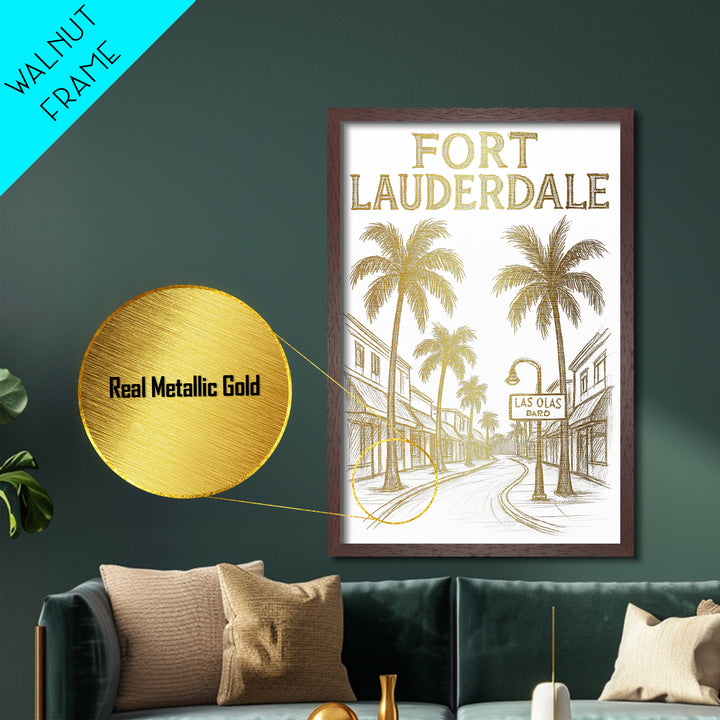 Fort Lauderdale Florida travel, Metallic Gold Print, College Dorm Décor, Metal Art, Wood Framed Art, Graduation Travel Gift