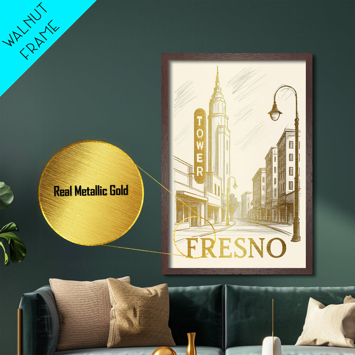 Fresno California art, Metallic Gold Art, Modern House Art, Metal Art, Wood Framed Art, Graduation Travel Gift
