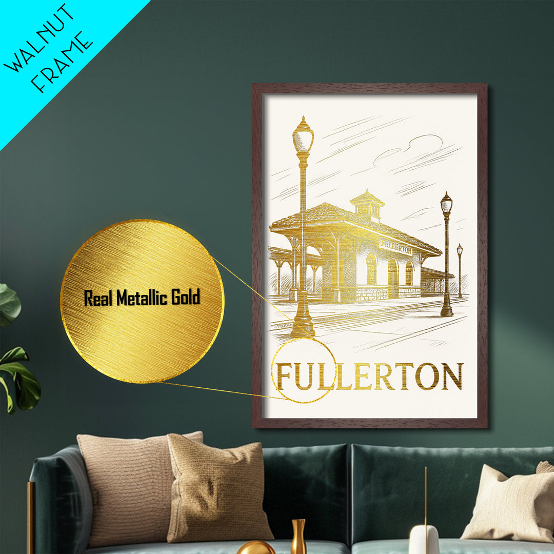 Fullerton California art, Metallic Gold Art, Housewarming Gift, Metal Art, Wood Framed Art, Newlywed Travel Gift