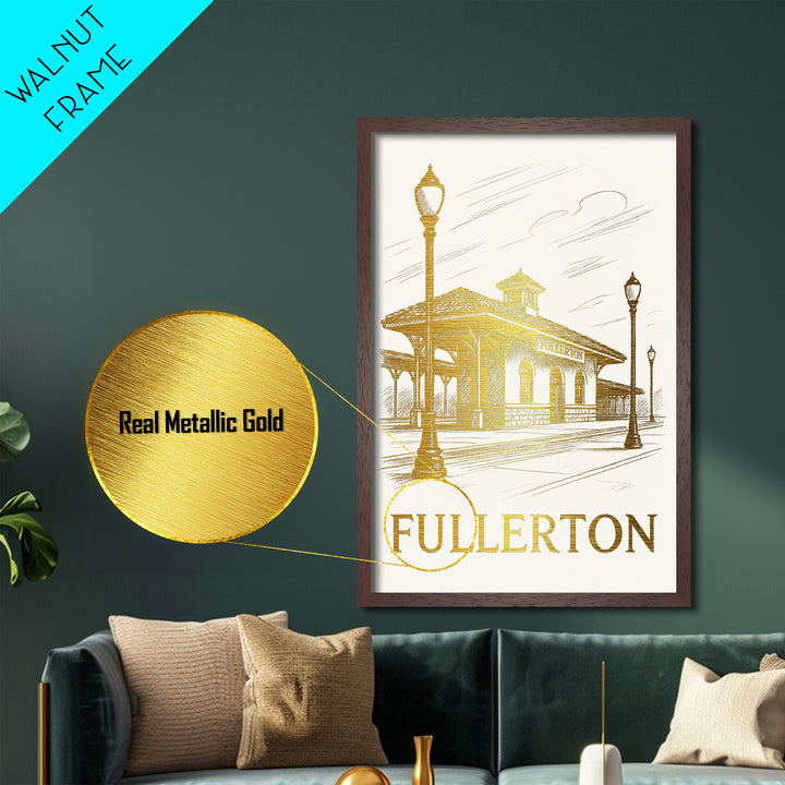 Fullerton California art, Metallic Gold Art, Housewarming Gift, Metal Art, Wood Framed Art, Newlywed Travel Gift