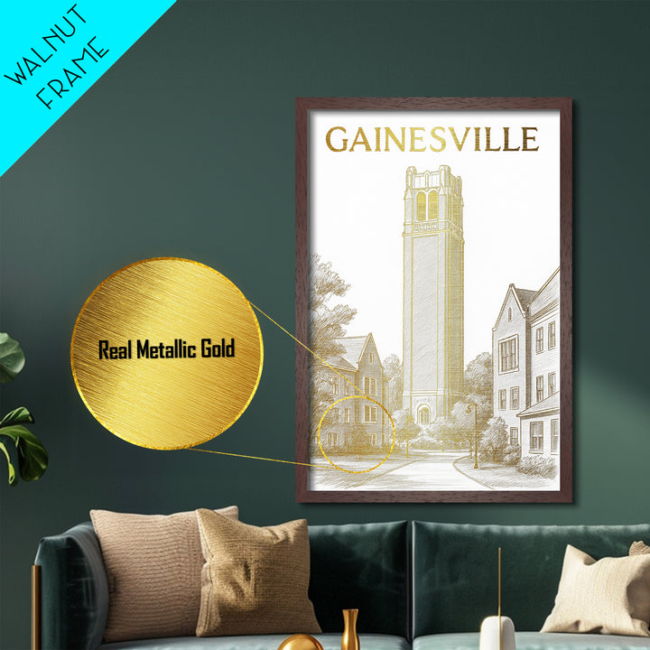 Gainesville Florida travel, Metallic Gold Print, Closing Gift, Metal Art, Wood Framed Art, Anniversary Travel Gift
