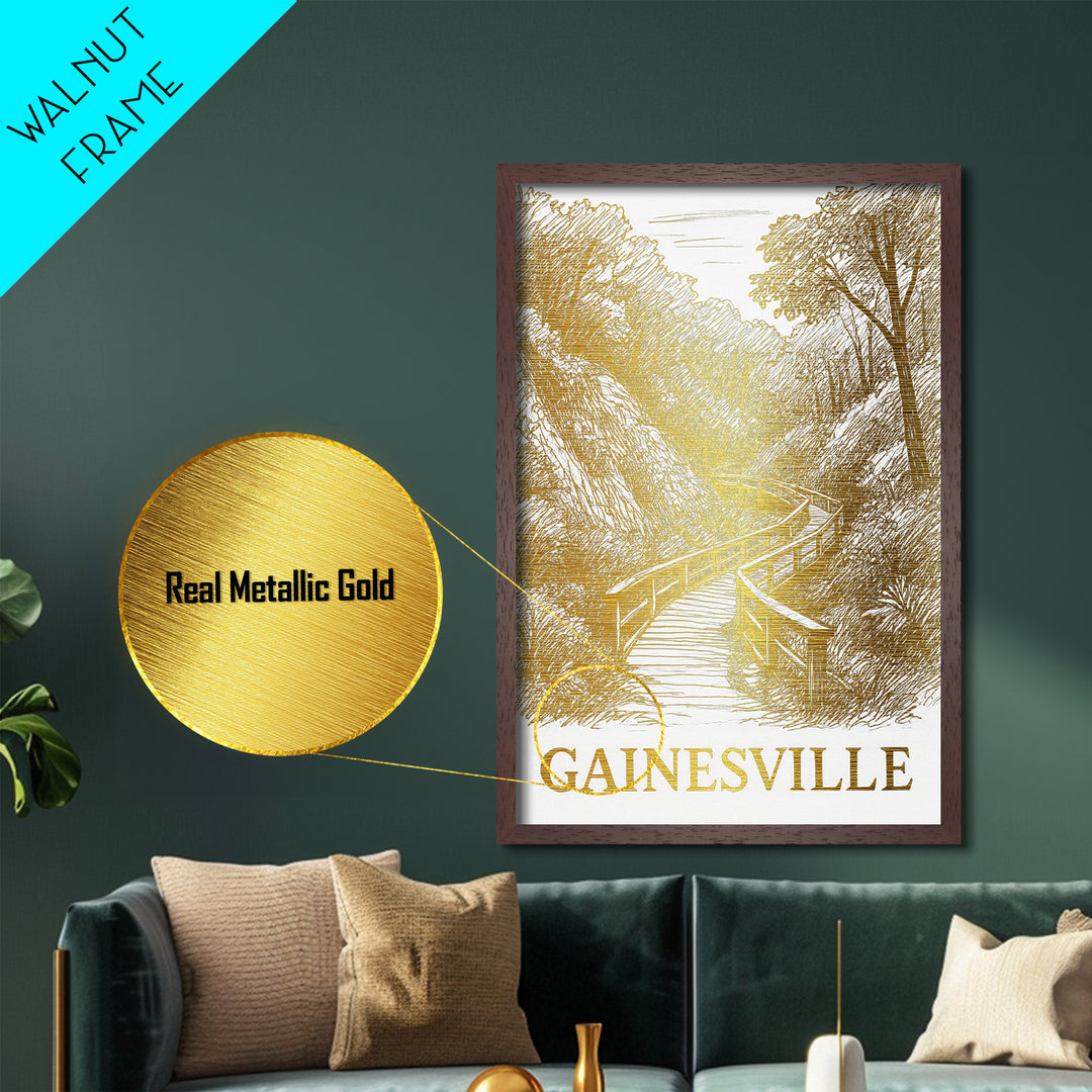Gainesville Florida art, Metallic Gold Art, Office Decor, Metal Art, Wood Framed Art, Graduation Travel Gift