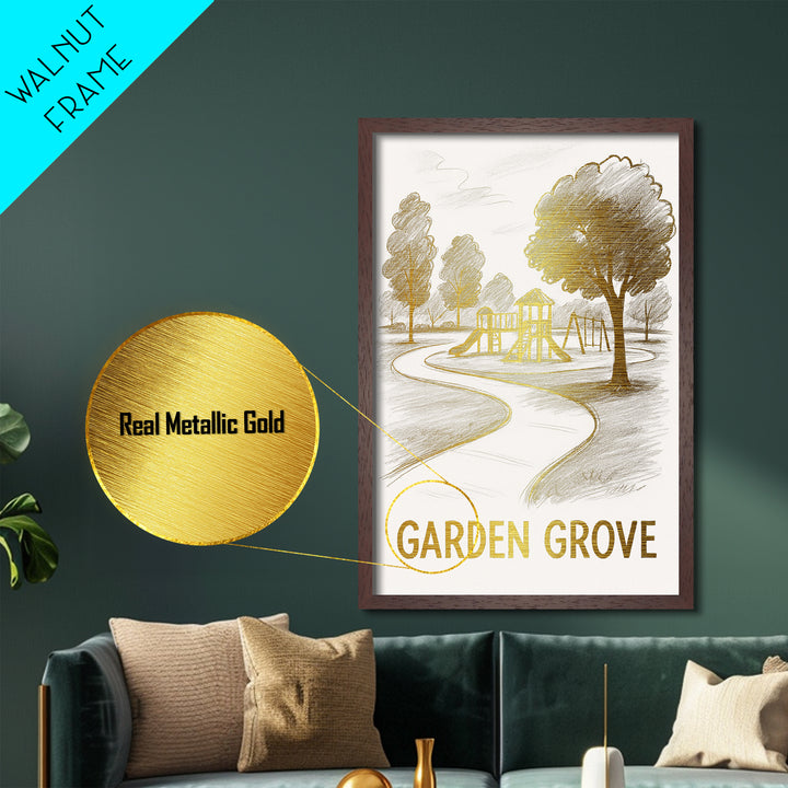 Garden Grove California art, Metallic Gold Art, Travel Art Prints, Metal Art, Wood Framed Art, Adventure Lover Gift