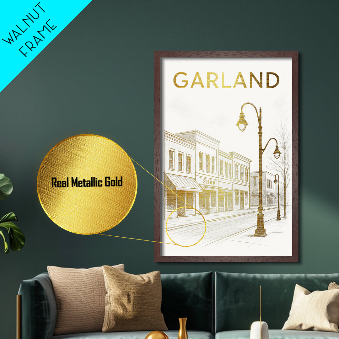 Garland Texas travel, Metallic Gold Print, Modern House Art, Metal Art, Wood Framed Art, Traveler Gift
