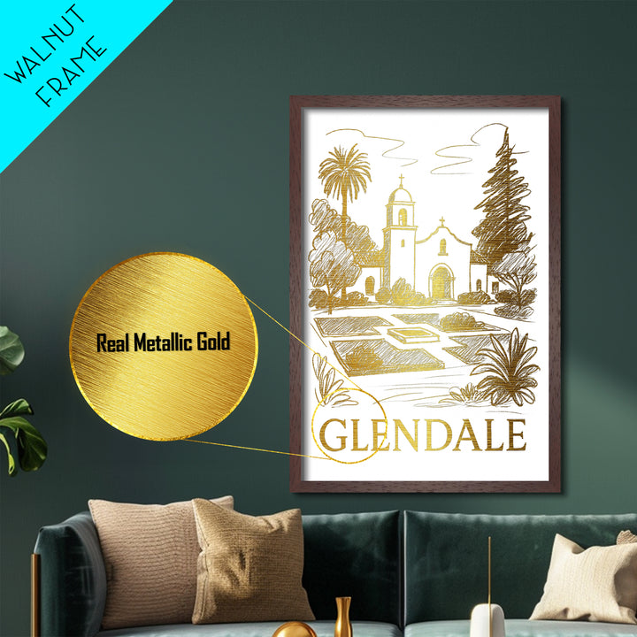 Glendale Arizona travel, Metallic Gold Print, Modern Skyline Wall Print, Metal Art, Wood Framed Art, Adventure Lover Gift