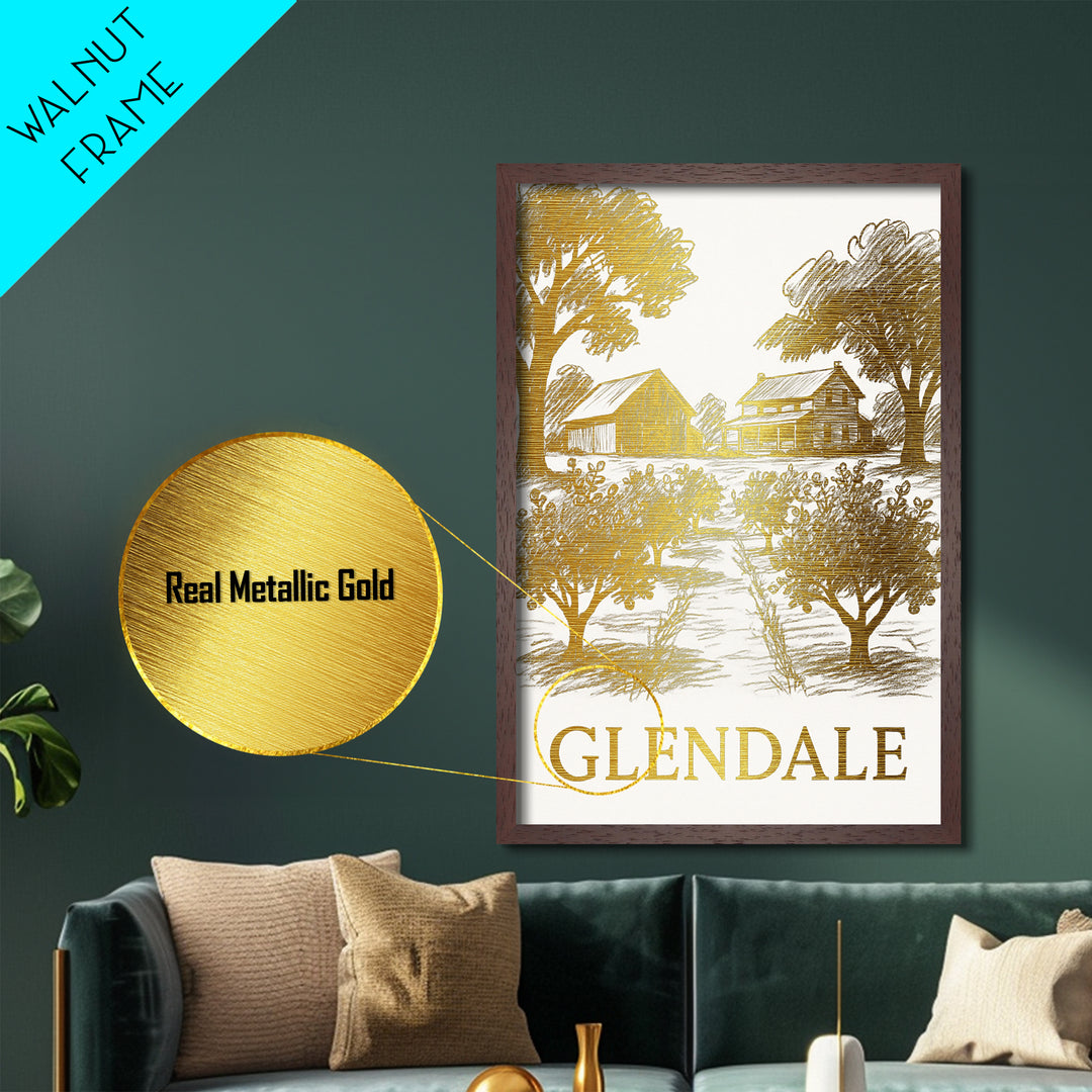 Glendale California art, Metallic Gold Art, Office Decor, Metal Art, Wood Framed Art, Graduation Travel Gift